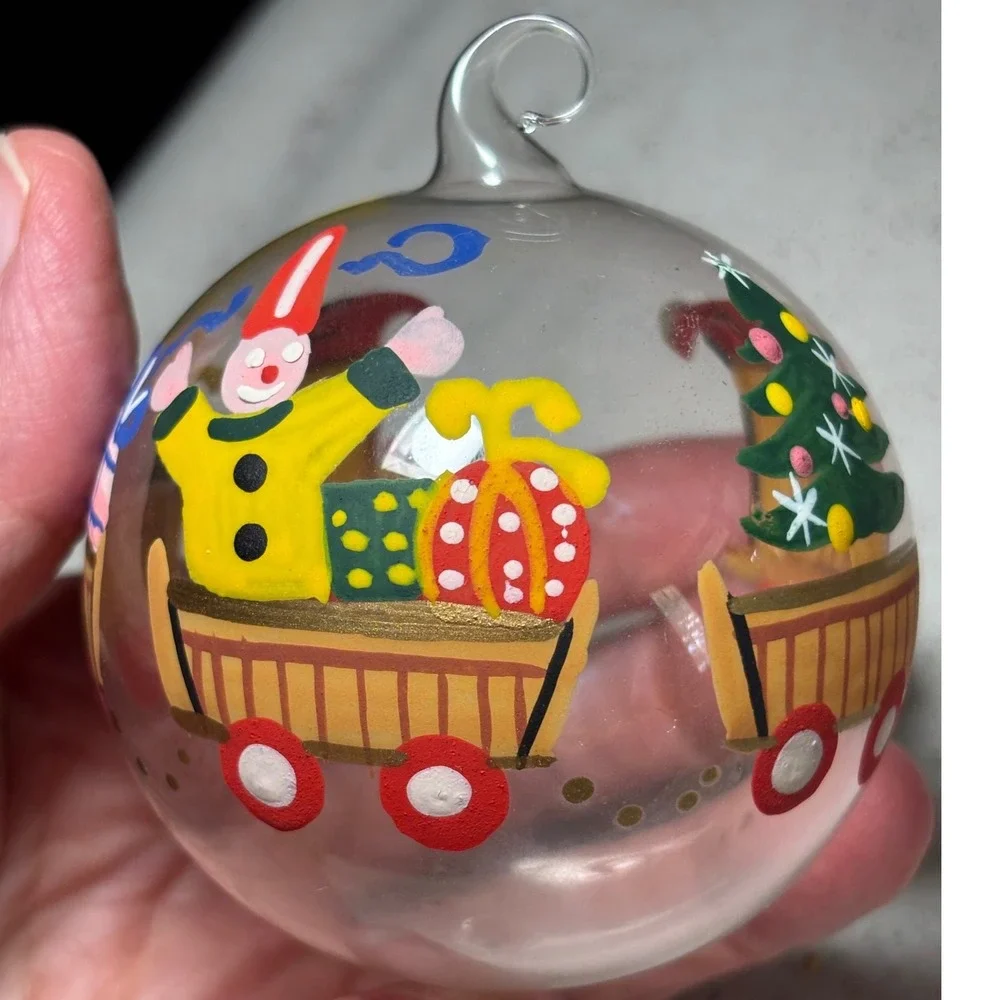 Vintage Handmade blown Christmas Train Ornament Hand Painted‎ Glass Whimsical